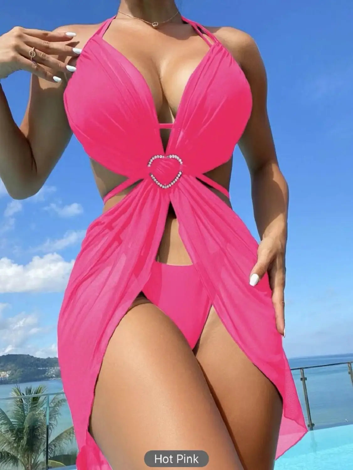 3pcs Halter Neck Bikini Beach Summer Solid Color Split