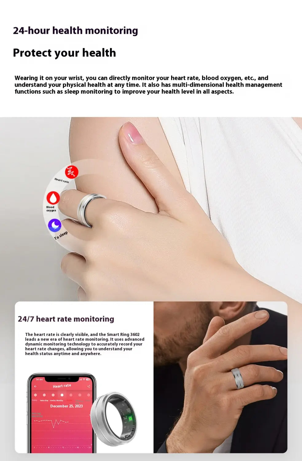 2024 Smart Ring For Men Women Heart Rate Blood Oxygen