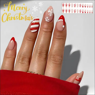 24pcs Christmas False Nails Hat Striped Snowflake Nail Art