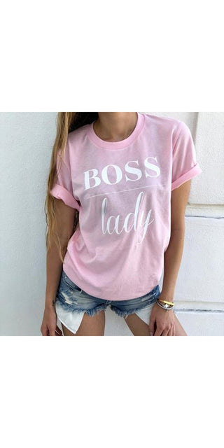 Fashionable pink graphic tee with bold "BOSS lady" text, ideal for a stylish casual look.