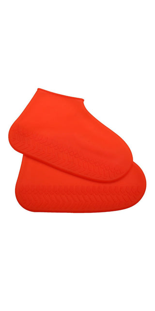 Vibrant orange silicone waterproof rain boot covers with a thick, non-slip, and wear-resistant sole. These shoe covers provide protection and grip for outdoor activities.