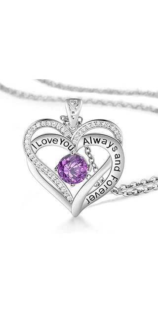Elegant crystal heart pendant necklace with "I Love You Always" message. Sparkling silver-tone design featuring a captivating purple stone centerpiece. Fashionable jewelry accessory for the modern woman.