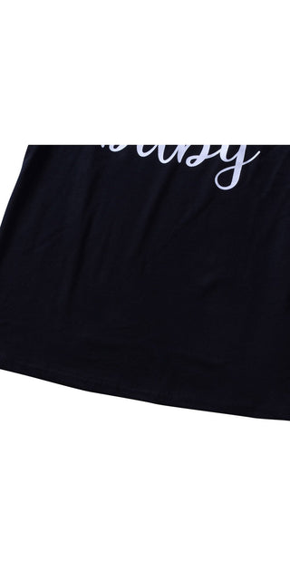 Trendy black graphic t-shirt with white cursive print