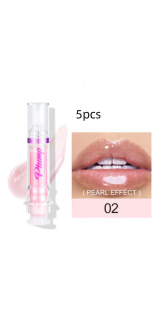 Shimmering pearl effect lip gloss in a set of 5 pieces, featuring a glossy, moisturizing formula for enhanced lip appearance.