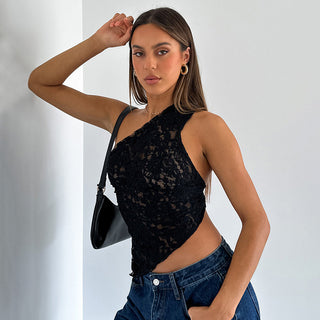 Lace-trimmed sleeveless top, youthful female model, chic streetwear fashion.