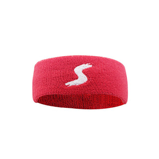 Bright red fitness headband with white stylized 'S' logo, placed against a plain white background.