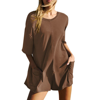 Casual brown short sleeve jumpsuit with pockets for summer fashionable women's wear