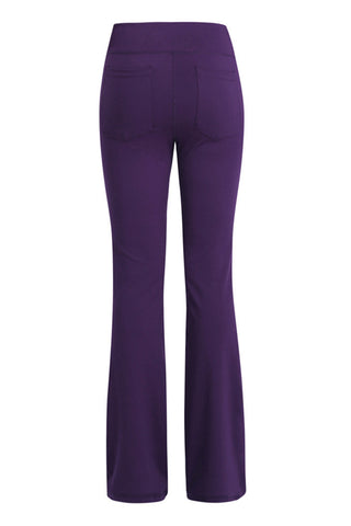 Stylish purple flared yoga pants on plain background
