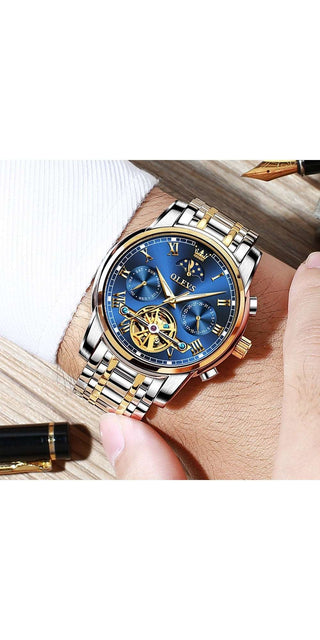 Elegant men's dress watch with stainless steel case, blue dial, and moon phase display. Mechanical self-winding movement for reliable timekeeping. Stylish accessory for the modern business professional.
