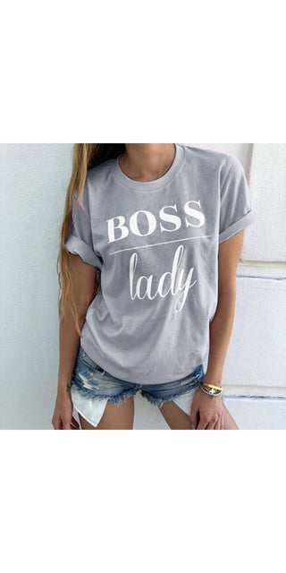 Stylish women's casual t-shirt with "BOSS LADY" printed text, featuring a simple yet fashionable design perfect for everyday wear.