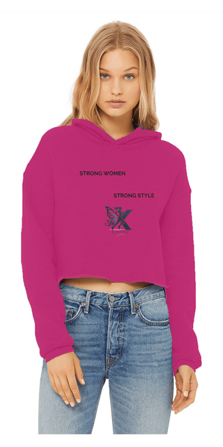 Trendy pink cropped hoodie with strong women style graphic for casual fashion