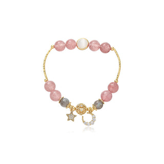 Delicate natural stone star and moon strawberry crystal beaded bracelet with gold-tone charm accents, showcasing a feminine and whimsical style.