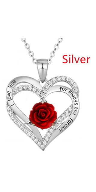 Elegant silver heart necklace with sparkling crystals and a beautiful red rose accent, perfect for the modern woman.