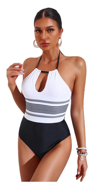 High-waisted Swimsuit - Contrast Halter Neck One-Piece Swimsuit - Stylish and Flattering Swimwear for Women in Black and White Stripes with a Decolleté Detail on a White Background