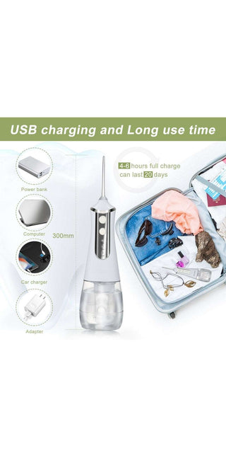 Portable USB-rechargeable dental water flosser with long battery life for convenient oral hygiene.