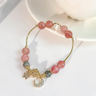 Naturstein-Stern- und Mond-Erdbeer-Kristall-Armband für Damen