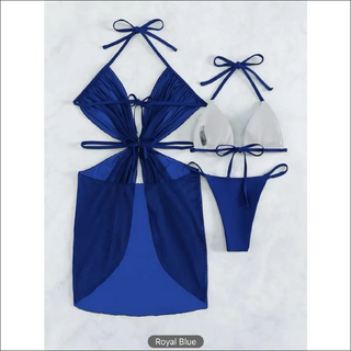 3pcs Halter Neck Bikini Beach Summer Solid Color Split Swimsuit Womens Clothing - K - AROLE