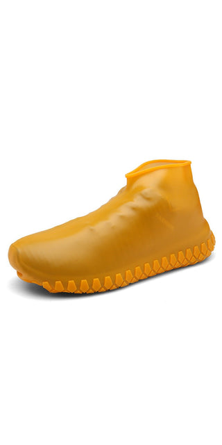 Silicone waterproof rain boot cover in vibrant yellow with a thickened, non-slip and wear-resistant sole for added protection and comfort.