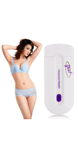 Compact hair removal device alongside young woman in fashionable undergarments, showcasing comfortable and effective hair removal solution at K-AROLE.
