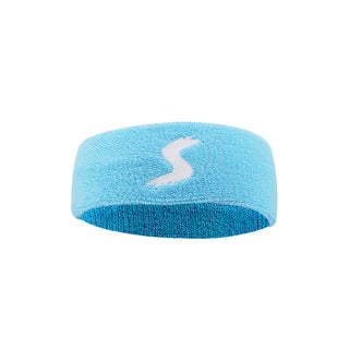 Trendy fitness headband in bright blue color with a white logo embroidered on the front, suitable for active lifestyle and sports activities.