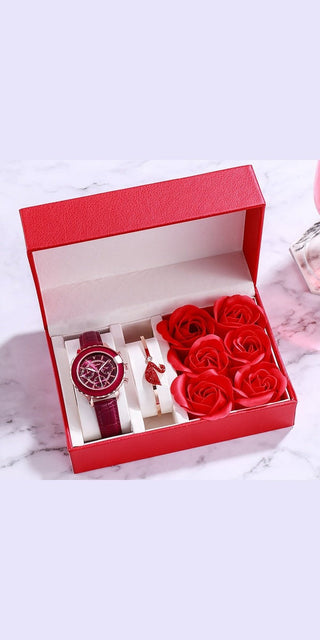 Elegant Valentine's Day gift set: luxurious rose bouquet, trendy women's wristwatch, and stylish accessories