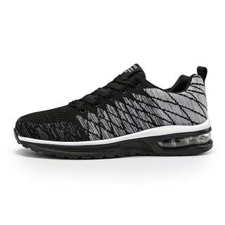 Black and white men's fashion running shoes with a knitted mesh surface and air cushion sole