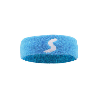 Lightweight blue fitness headband with a stylized white logo, suitable for active workouts and sports.