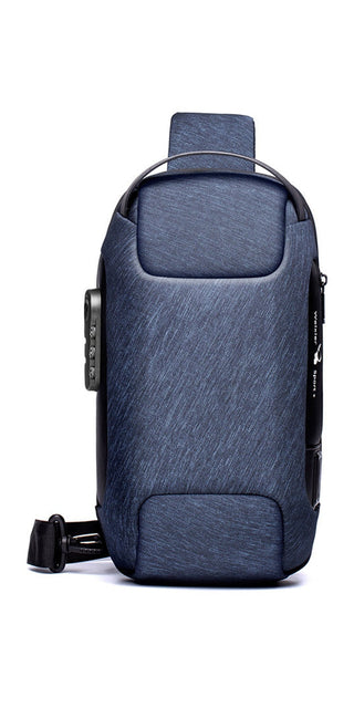 Stylish and functional travel chest bag with multiple compartments for convenient organization and storage. Sleek gray fabric design adds a modern touch to this practical accessory.