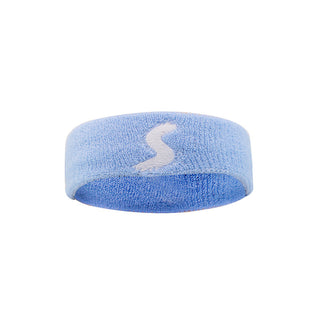 Soft, blue fitness headband with a white logo, placed on a white background.