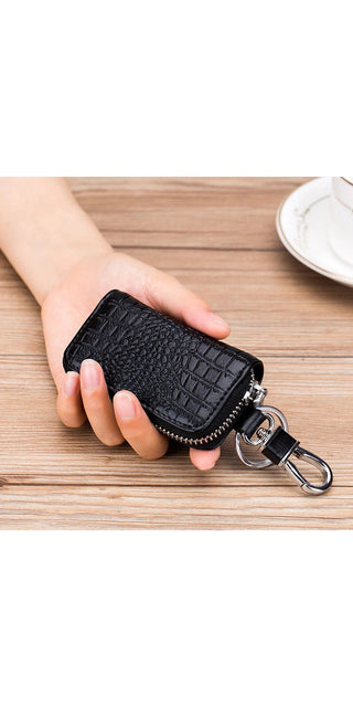 Sleek Leather Key Holder - Premium Black Keychain Pouch with Zipper and Clip for Organized Car Keys, Wallet, or Purse.