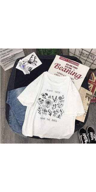 Save the Bees Graphic Tee - Stylish women's t-shirt with playful bee and floral print, perfect for casual everyday wear.