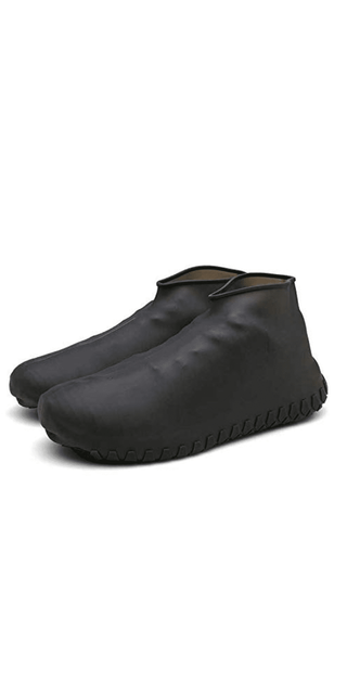 Durable waterproof rain boot covers in a sleek black design with a non-slip, wear-resistant sole for practical weather protection.