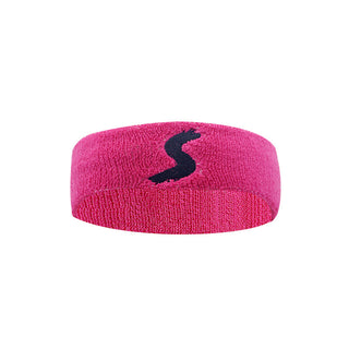 Bright pink fitness headband with a black logo displayed prominently in the center.