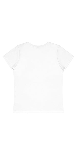 Women's white cotton t-shirt with blank print area for customization.