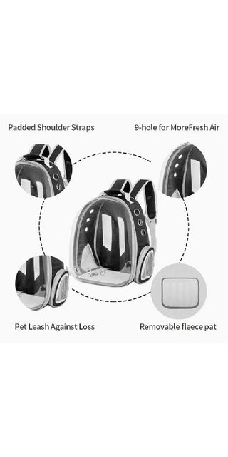 Transparent and breathable pet carrier backpack with padded shoulder straps, 9-hole ventilation, removable fleece pad, and leash attachment for secure pet travel.