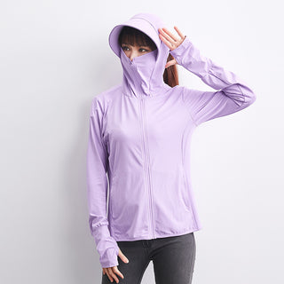 Lightweight, breathable UV protection jacket with adjustable hood for active outdoor wear.