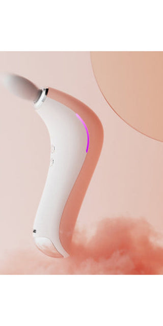 Handheld electric massage gun with deep tissue therapy, featuring a sleek white and peach design against a pastel pink and orange background.
