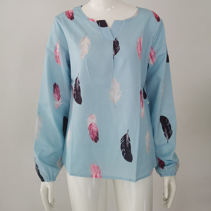 Feather Print Polo Shirt Long Lantern Sleeve Turndown Collar