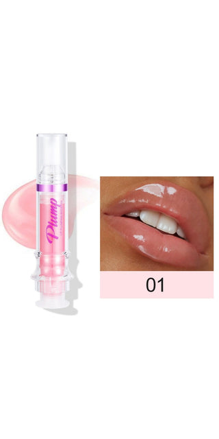 Glossy pink lip gloss in glass tube with color swatch on lips