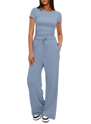 2 peças de cor sólida casual esportes yoga terno de manga curta top e cintura alta com cordão calças largas verão conjunto de moda para roupas femininas