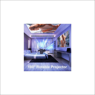 Immersive home cinema experience: 180° rotatable projector transforms living room into a theater, delivering cinematic visuals for a special entertainment setup.