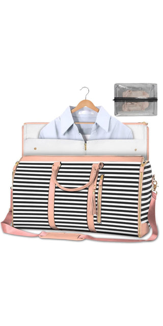Large capacity striped travel tote bag with white dress shirt, perfect for business trips or weekends away.