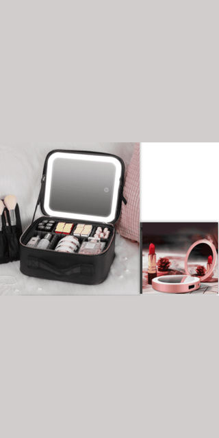 Stylish LED makeup case with mirror, ample storage, and portable design for organized travel cosmetics.
