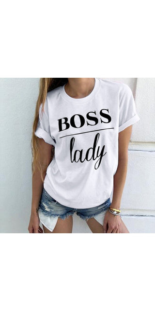 Stylish white t-shirt with "BOSS lady" text, casual denim shorts, and a wrist accessory, showcasing a trendy summer casual outfit.