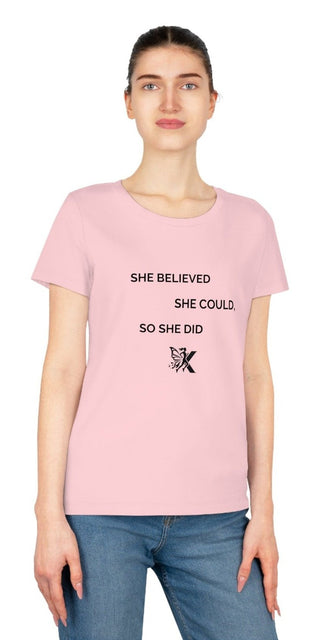 Casual pink women's t-shirt with inspiring motivational text and emblem graphic design