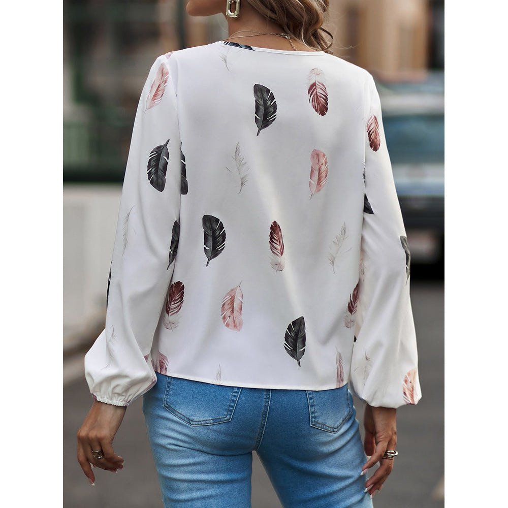 Feather Print Polo Shirt Long Lantern Sleeve Turndown Collar