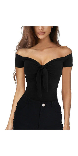 Black off-the-shoulder top with a plunging neckline and a tied knot detail at the center.