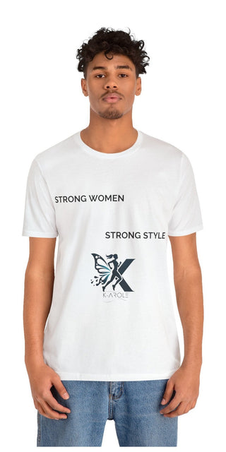 A white graphic t-shirt with the text "STRONG WOMEN STRONG STYLE" and an "X" logo in the center, worn by a young man with curly hair against a plain white background.