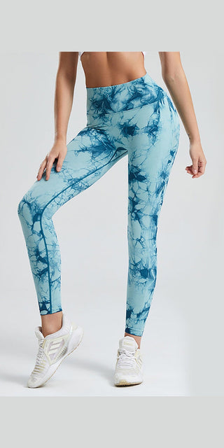 Trendy tie-dye printed leggings with high-waist, hip-lifting design for comfortable, stylish workout or casual wear.