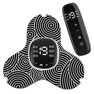 Sleek neck massage device with modern patterned design, featuring a digital display and control buttons for adjusting massage settings.